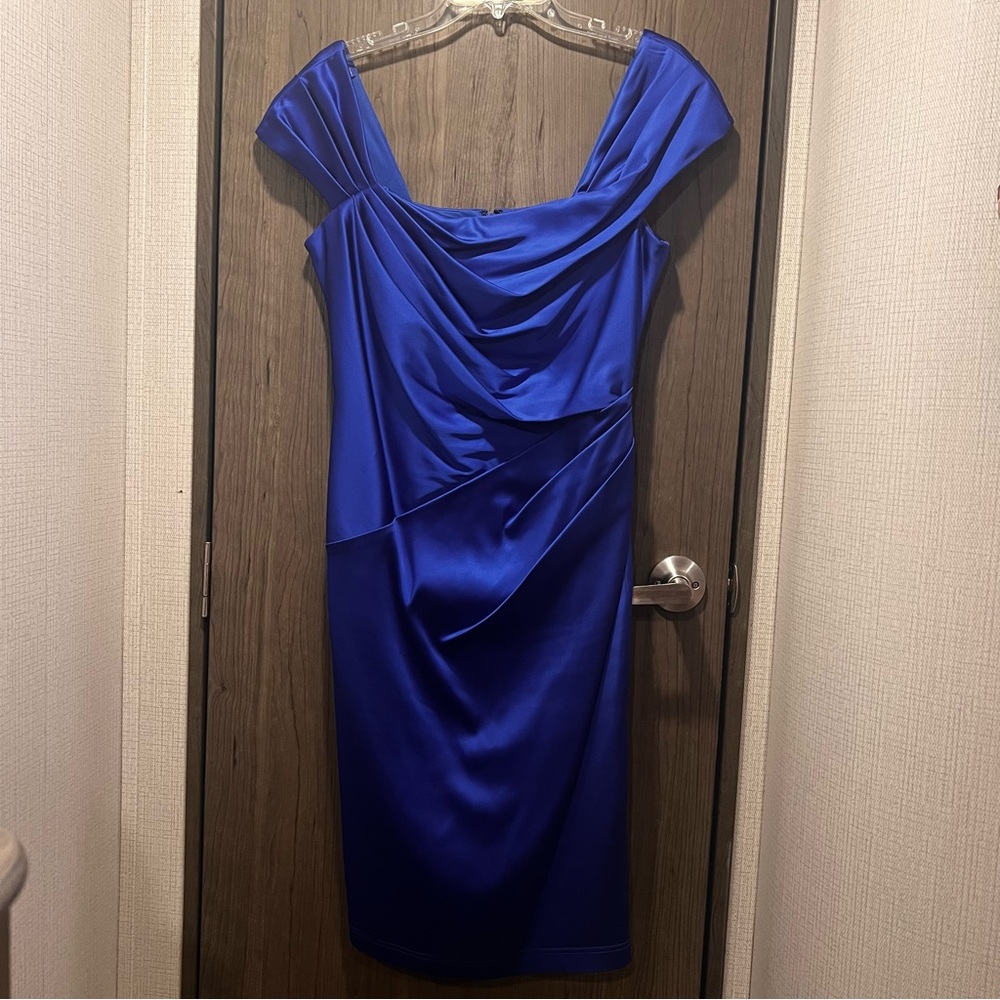 Tadashi Shoji Off Shoulder Draped Cobalt Blue Cocktail Dress Sz 8 – MSRP $498